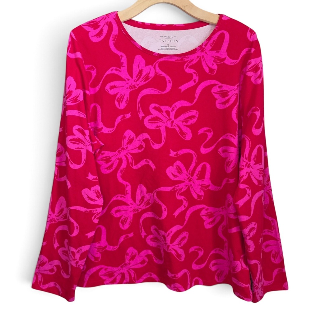 Talbots The Talbots Tee Top Womens XL Pink Ribbon Bow Print Long Sleeve Stretch